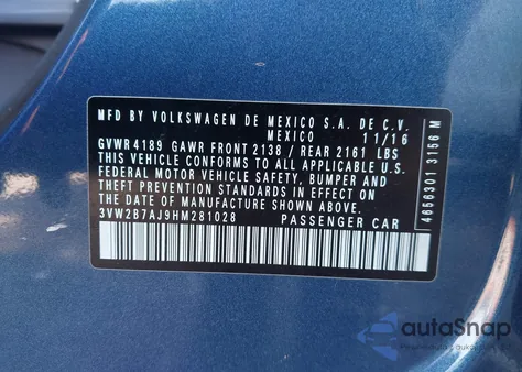 2017 Volkswagen Jetta 1.4T S from USA, damaged, VIN 3VW2B7AJ9HM281028